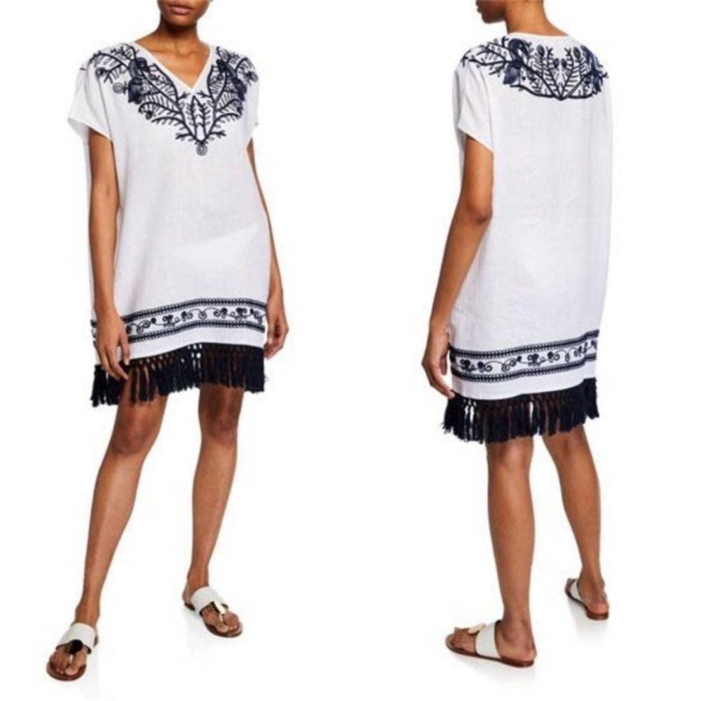 Tory Burch Embroidered Beach Caftan Cover-Up Mini Dress Navy Blue White Linen S - Picture 3 of 11